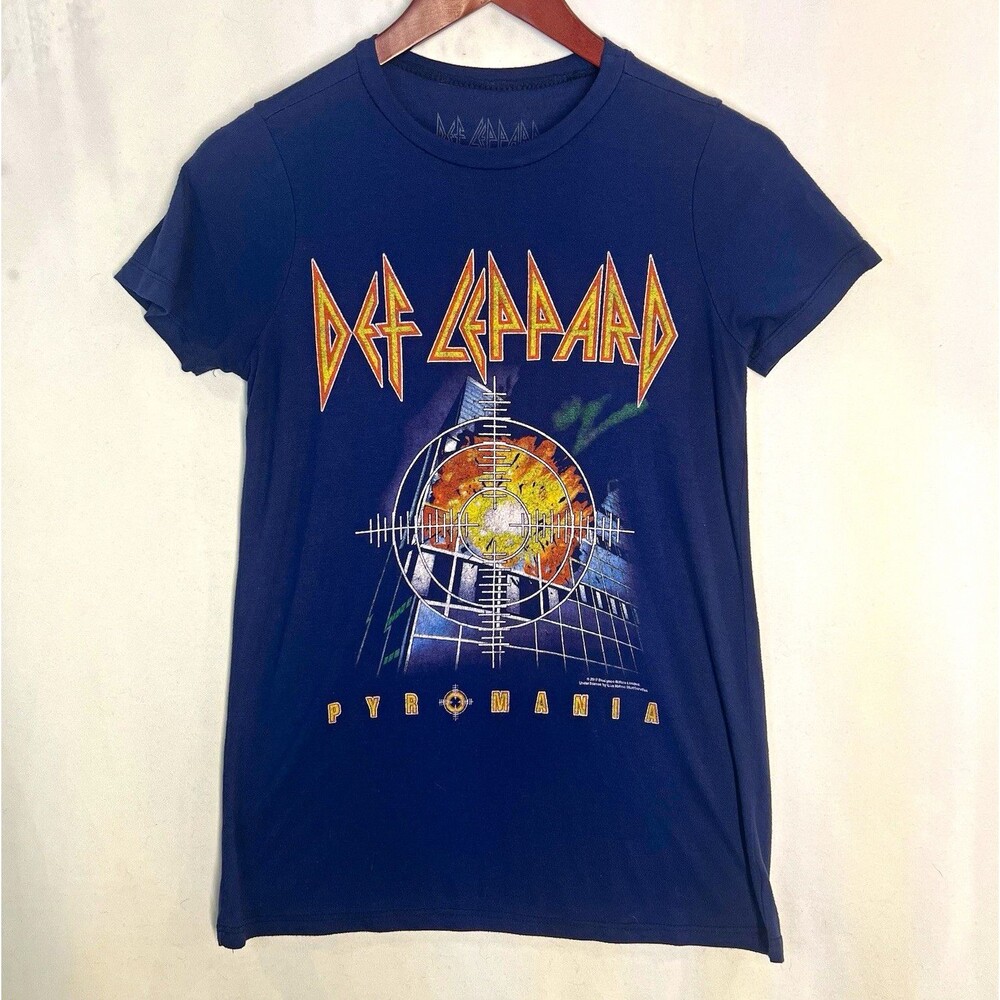 Def Leppard Women’s T-Shirt Pyromania Graphic Blue Crew Neck Short Sleeve Size S